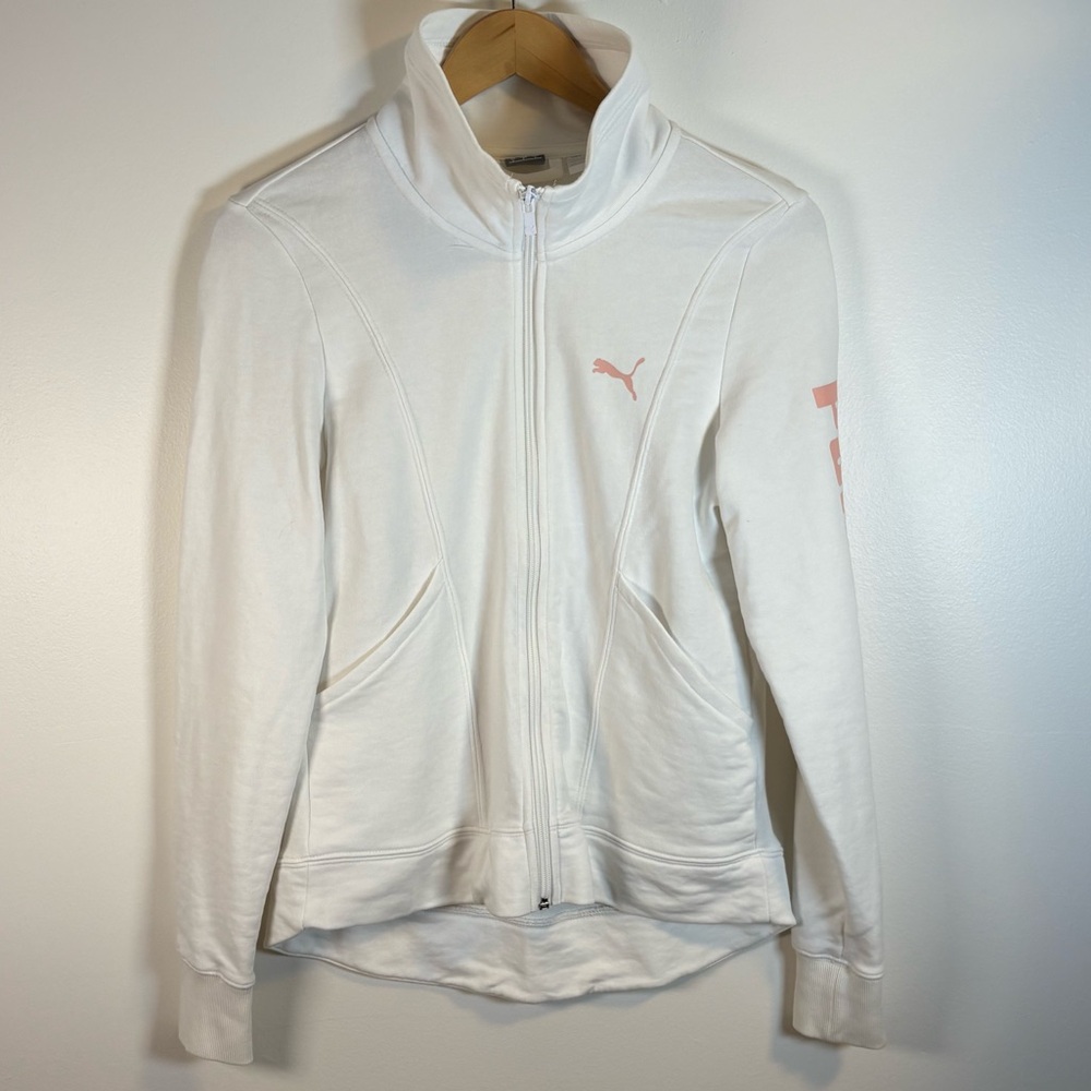 Puma Women’s White Zip-Up Sweatshirt Pink Logo Athletic Jacket, Size Small - Picture 2 of 6